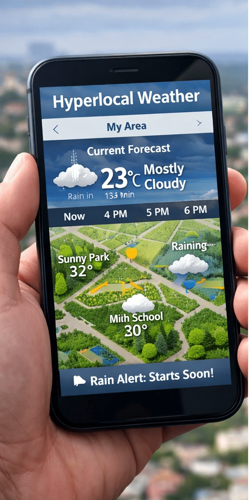 Street level weather map which has various conditions in surrounding areas within a single town.