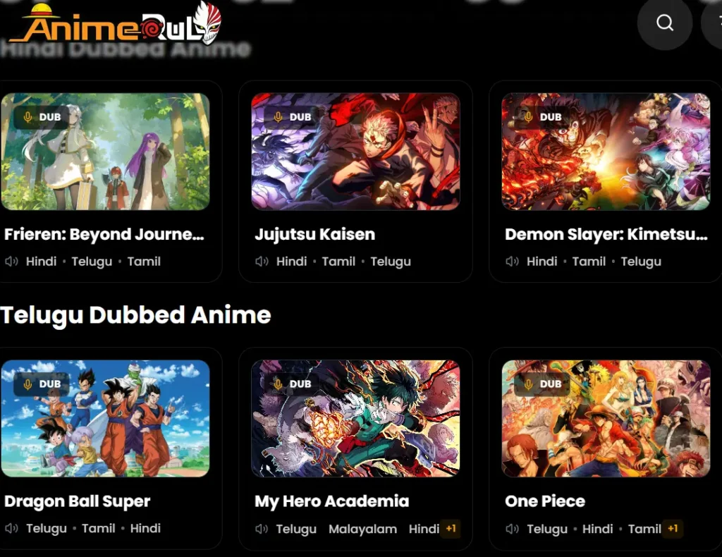 Animerulz APK homepage banner featuring popular anime characters with an Android smartphone mockup.
