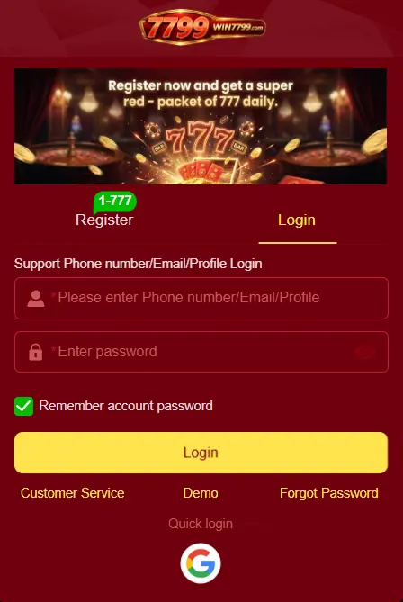 Win7799 Game login bonus screen
