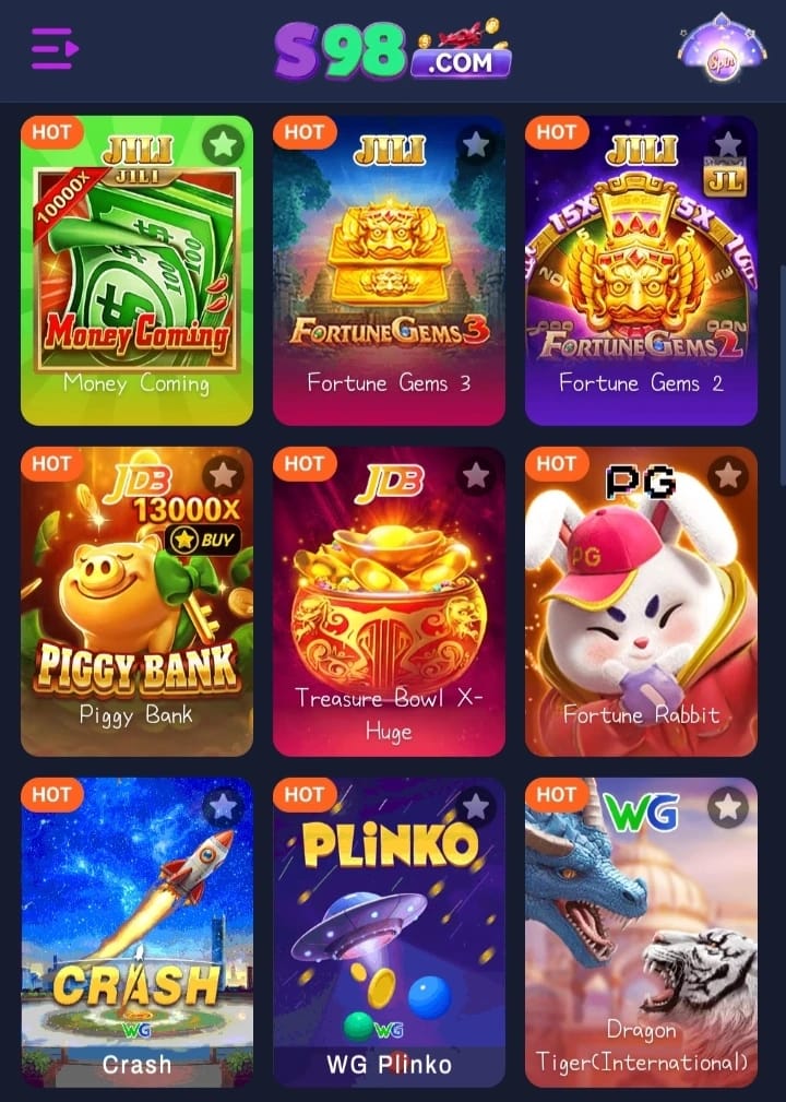 S98 Game login screen with user-friendly Android app design and quick access options