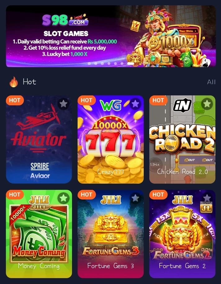 S98 Game APK latest version interface with powerful mobile gaming features for Pakistani Android users