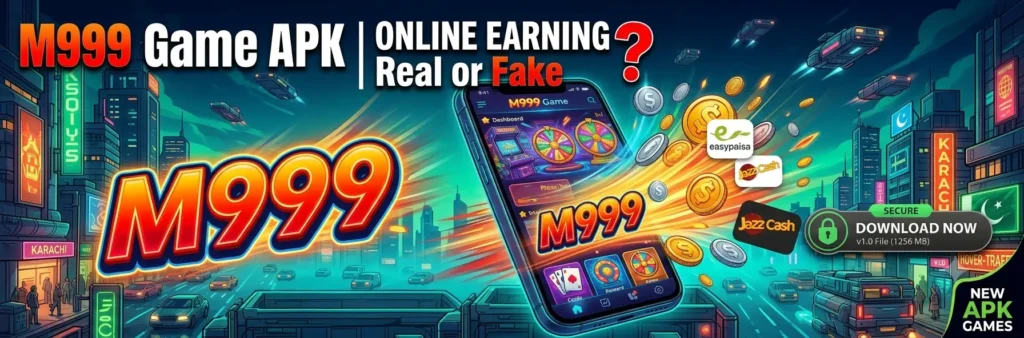 Wide horizontal web banner for New APK Games displaying the M999 Earning Game APK. The design features high-quality mobile UI elements, flying cash coins, EasyPaisa and JazzCash logos, and a prominent secure "Download Now" button set against a futuristic neon city background.