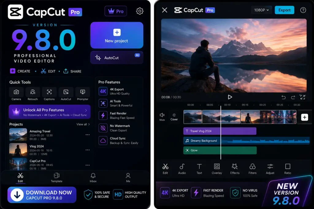 Download CapCut Pro Version 9.8.0 APK latest 2026 for Android with professional video editing, templates, and AI-powered tools.