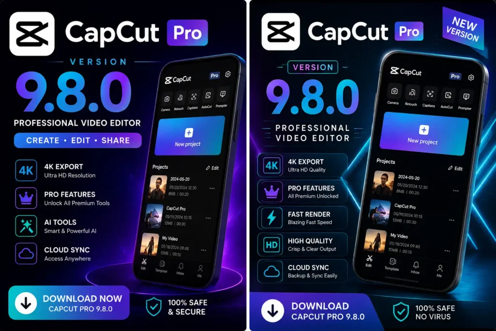 CapCut Pro 9.8.0 APK interface showing advanced video editor, filters, effects, transitions, and 4K export features.